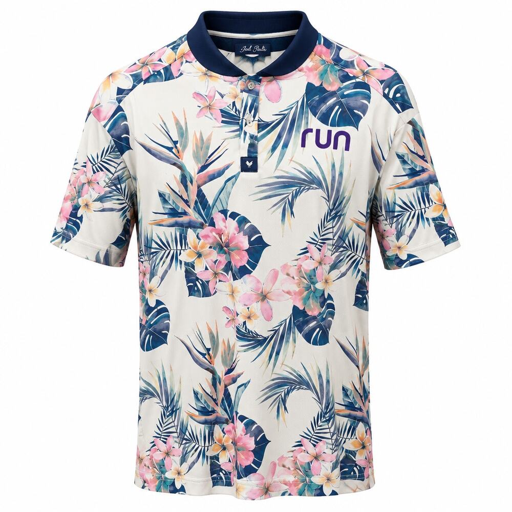 Bad Birdie Floral Print Polo in White, Navy, Pink